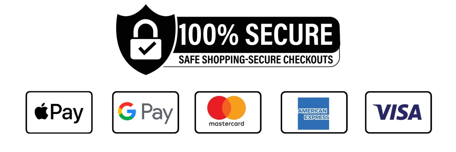 Secure checkout badge with Apple Pay, Google Pay, Mastercard, Amex, and Visa icons